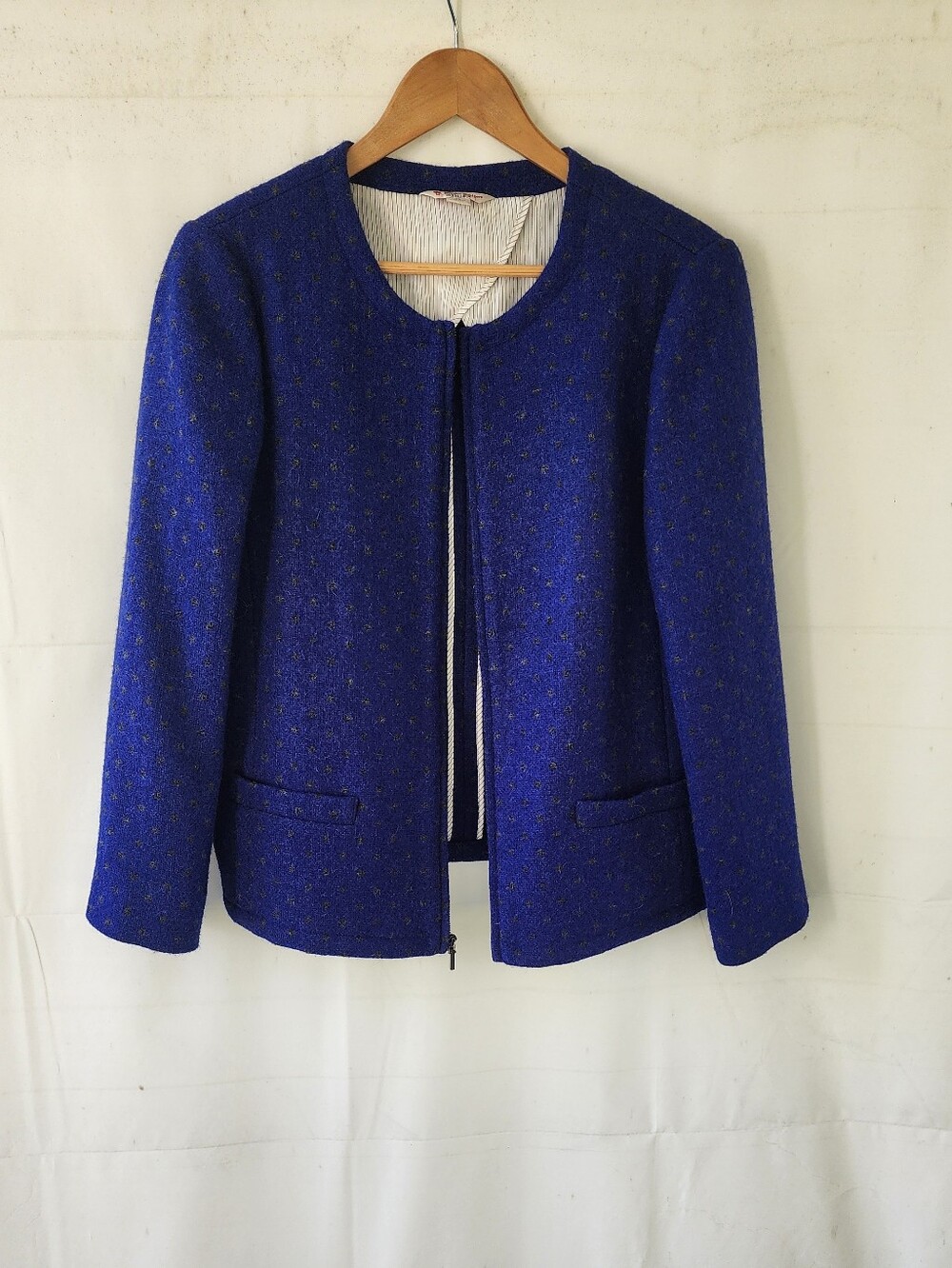 Brooks Brothers Wool Royal Blue Textured Collarless Zip Blazer